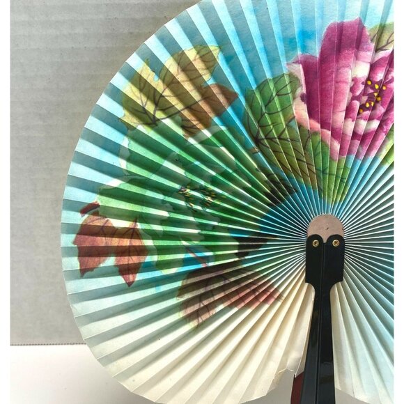Vintage Chinese Folding Fan Floral Design Flowers Butterfly Round - Picture 4 of 9